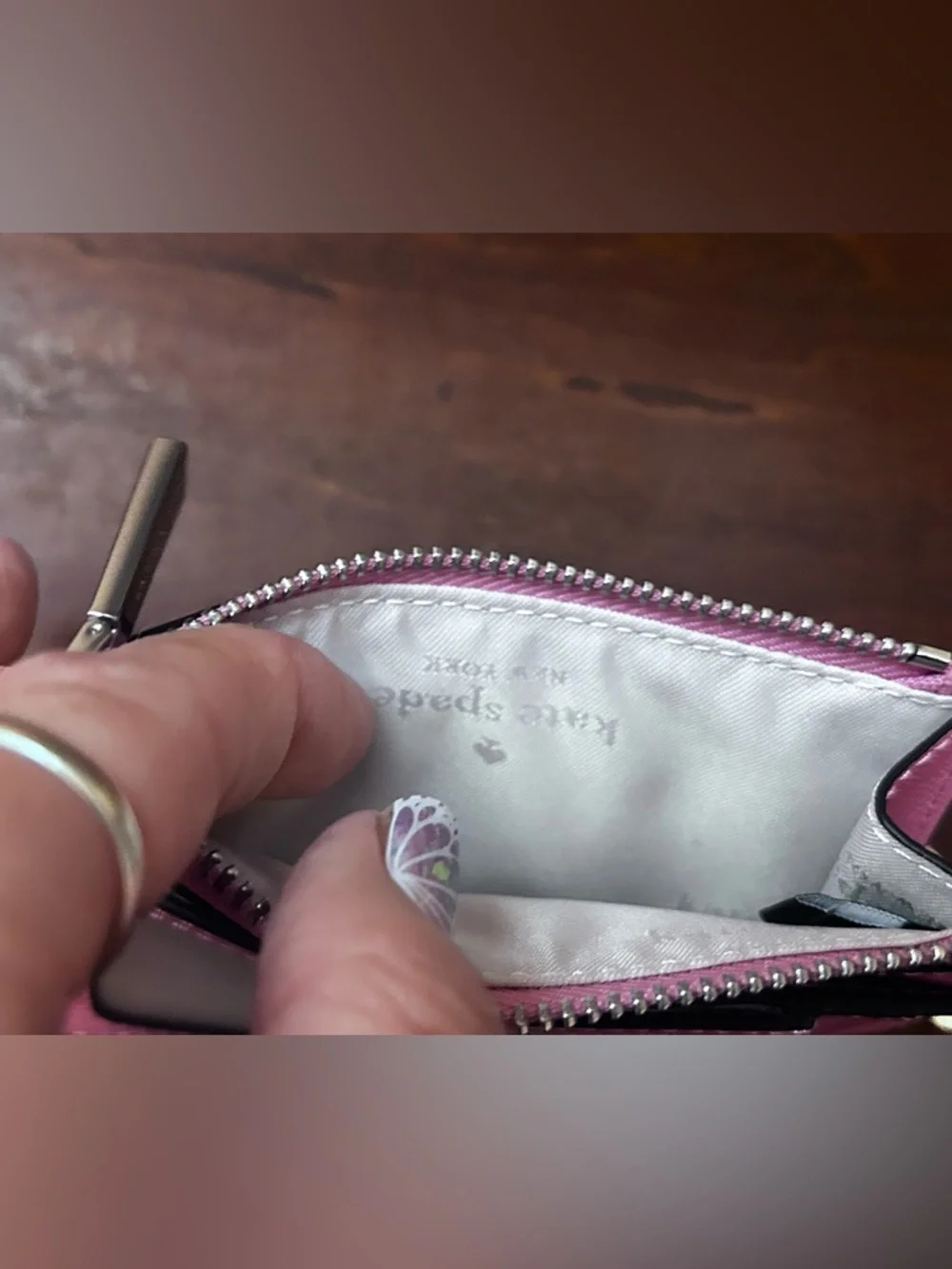 kate spade pink leather key & card holder with chain